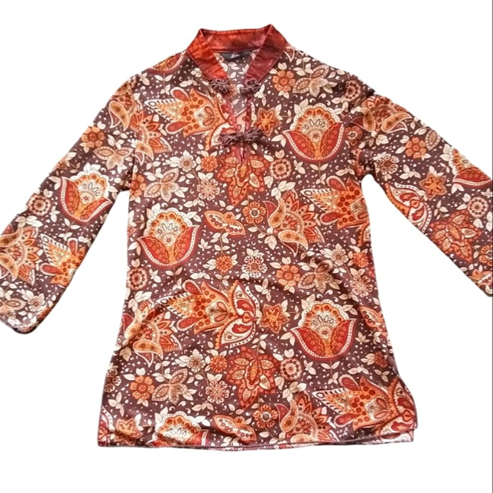 Vintage Flower Paisley Blouse with Embroidered Frog Closures at Neckline Size S
